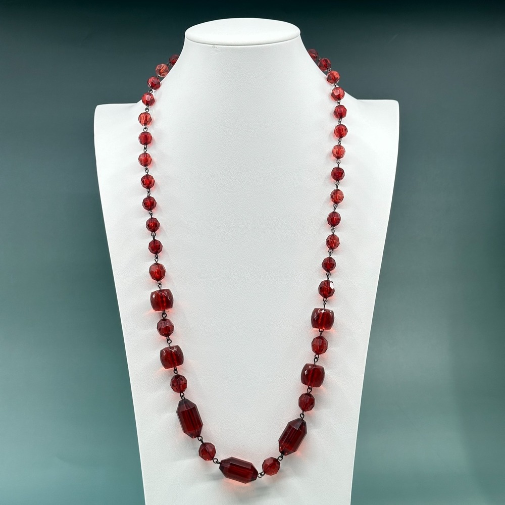 Red Faceted Bead Long Necklace Statement Glam Cocktail Vintage Style Jewelry